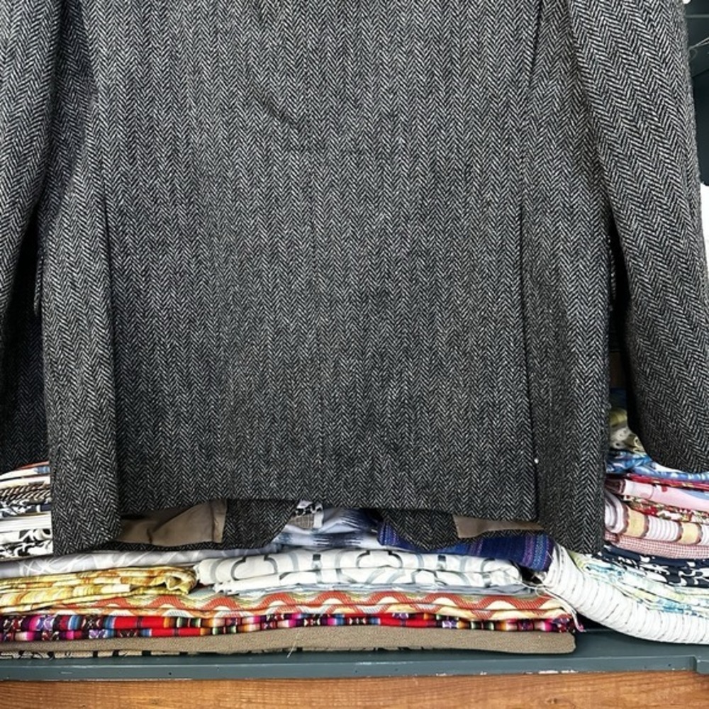 Daks Vtg Tweed‎ Jacket Mens Black 100% Wool Herringbone Blazer Leather Accents - Picture 10 of 14